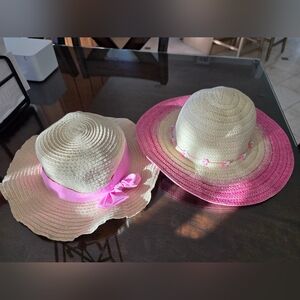Set of 3 Kids Straw Sun Hats with Pink Accents